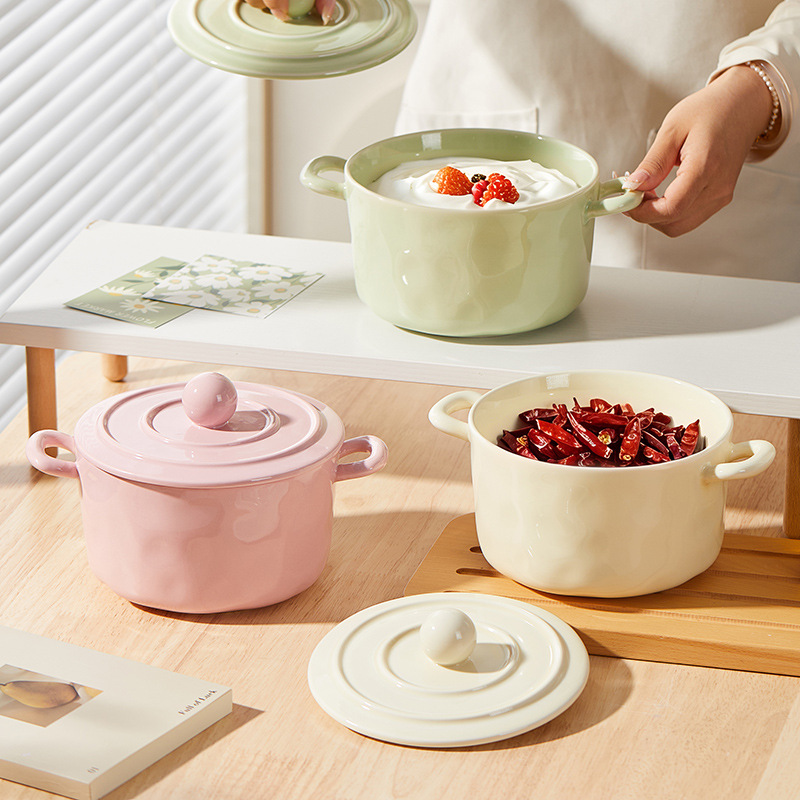 陶瓷带盖双耳猪油罐泡面碗