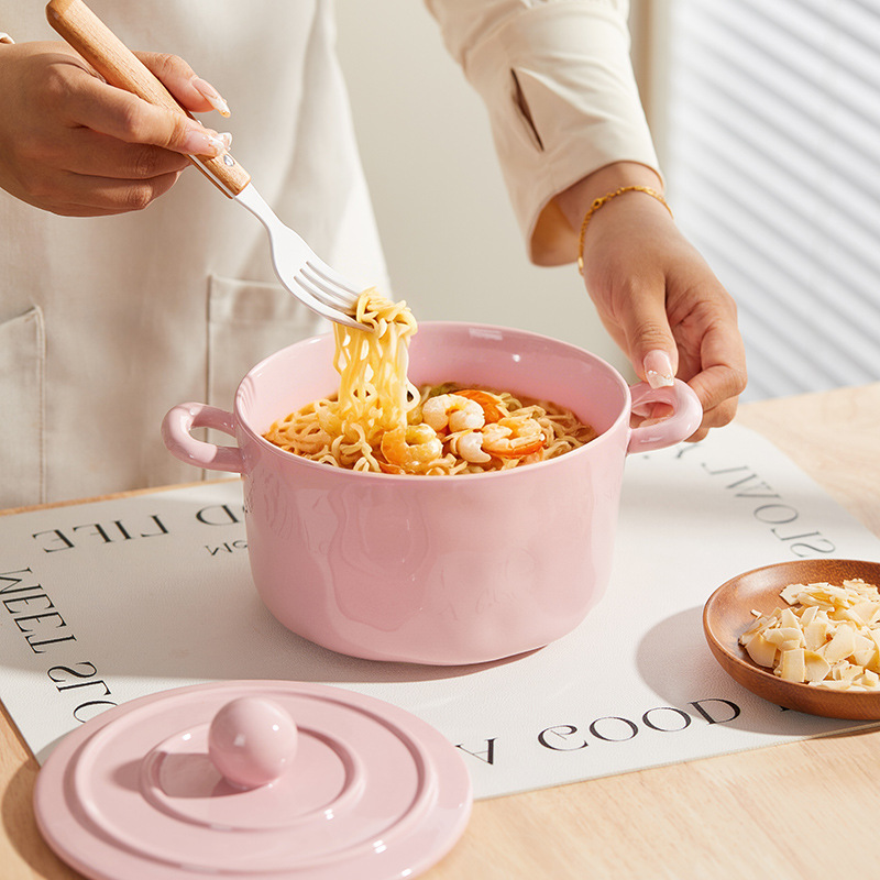 陶瓷带盖双耳猪油罐泡面碗