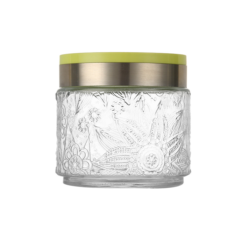 厨房旋转盖密封暗花玻璃储物罐