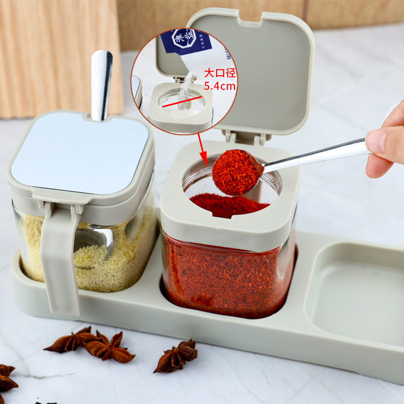 带勺大口径玻璃防潮按键盖调料罐三件套